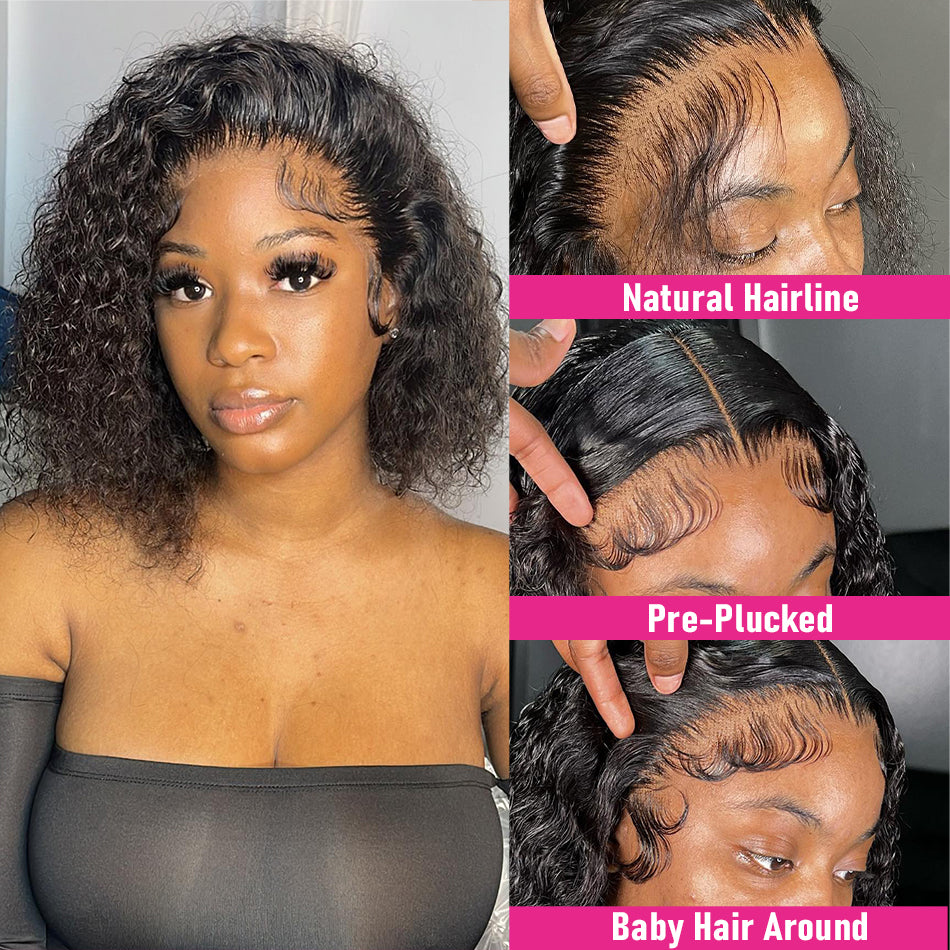 12A Grade Deep Curly Bob Wigs Glueless Natural Black Human Hair 4x4 Lace Closure Wig