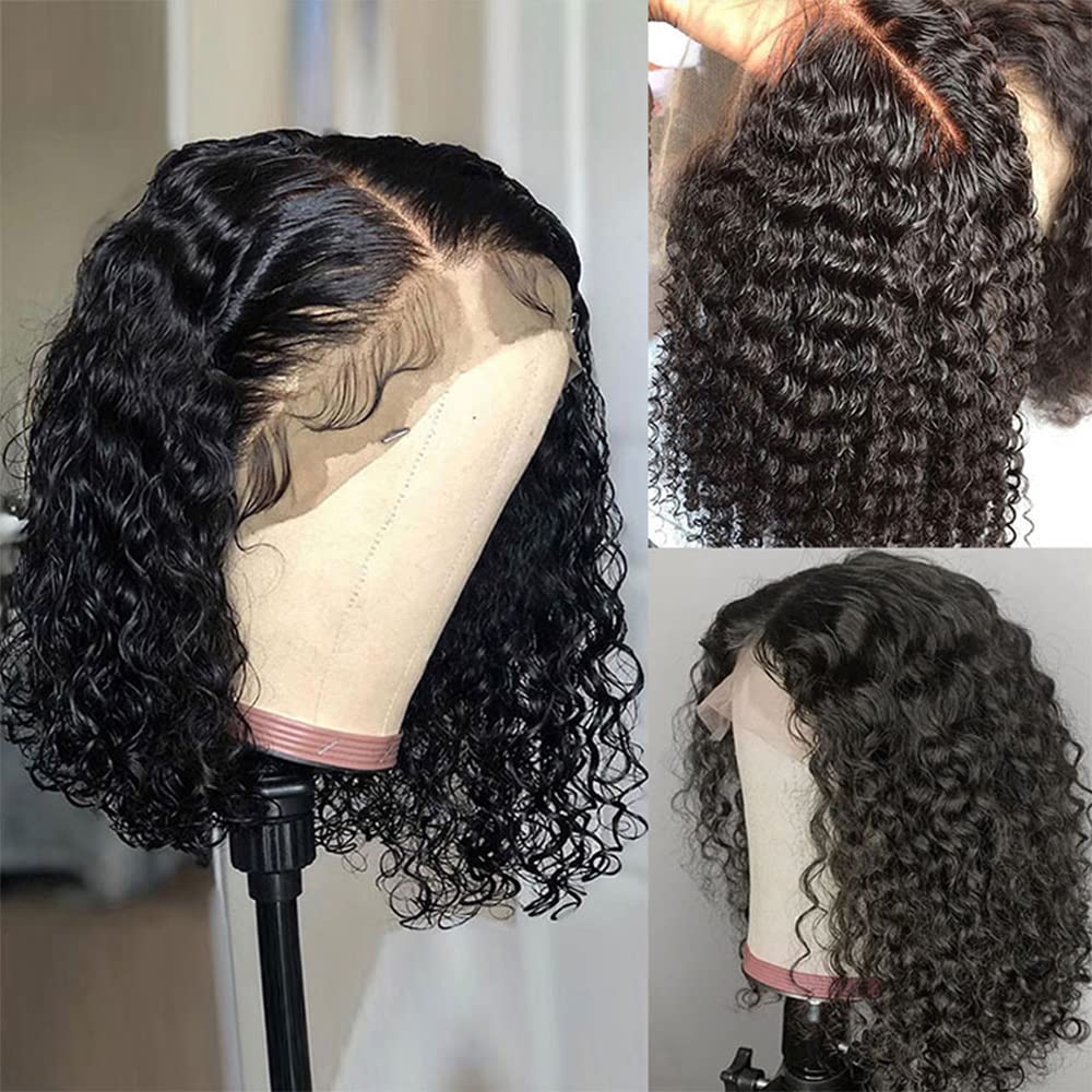 12A Grade Deep Curly Bob Wigs Glueless Natural Black Human Hair 4x4 Lace Closure Wig