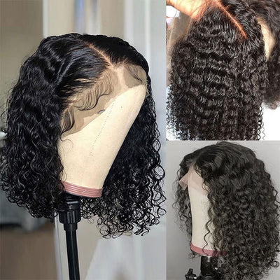 12A Grade Deep Curly Bob Wigs Glueless Natural Black Human Hair 4x4 Lace Closure Wig