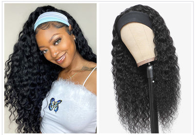 Curly Headband Wig Human Hair Glueless Natural Black Wig With Headband