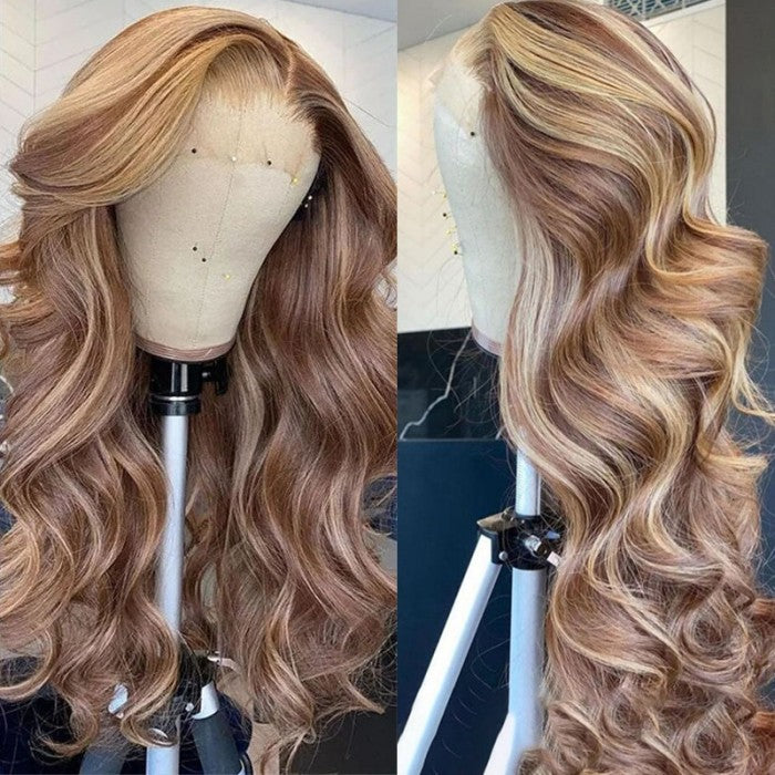 Honey Blonde Highlight 13*4 Body Lace Front Wigs Human Hair