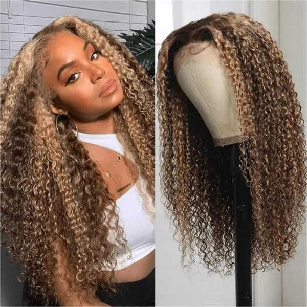 Jerry Curly 4x4 Lace Closure Honey Blonde Balayage On Brown Wig