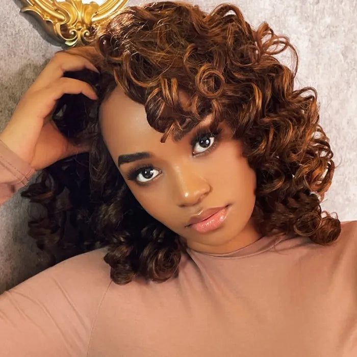 Glueless Beginner Friendly Toffee Brown Curly Fringe Short Wig With Bouncy Spiral Curls