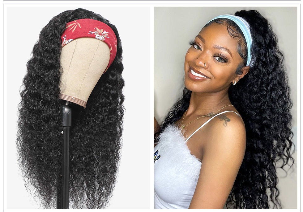 Curly Headband Wig Human Hair Glueless Natural Black Wig With Headband