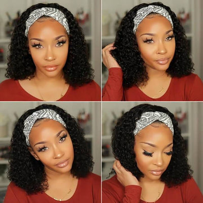 Curly Headband Wig Human Hair Glueless Natural Black Wig With Headband
