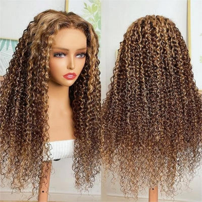 Jerry Curly 4x4 Lace Closure Honey Blonde Balayage On Brown Wig