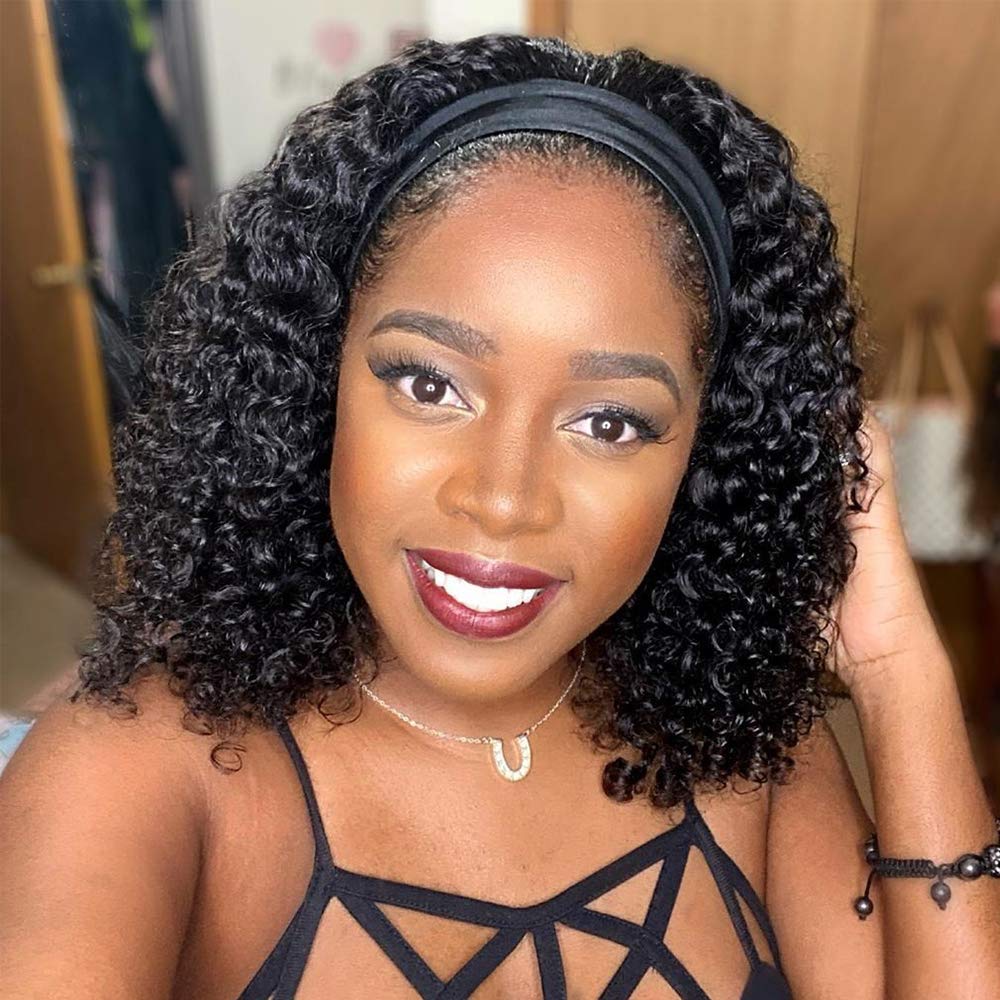 Curly Headband Wig Human Hair Glueless Natural Black Wig With Headband