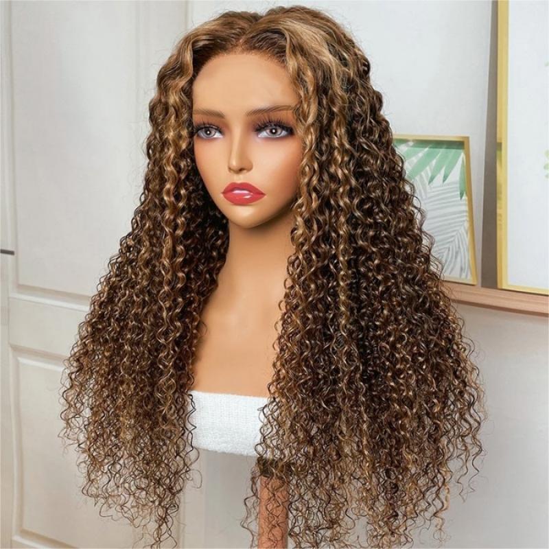 Jerry Curly 4x4 Lace Closure Honey Blonde Balayage On Brown Wig