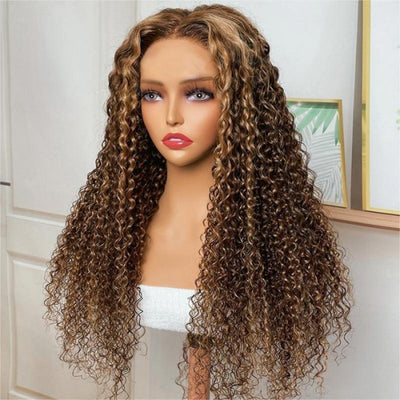 Jerry Curly 4x4 Lace Closure Honey Blonde Balayage On Brown Wig