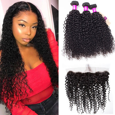 Curly Weave Human Hair 3 Bundle with 13×4 Lace Frontal Closure