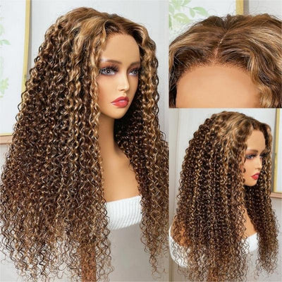 Jerry Curly 4x4 Lace Closure Honey Blonde Balayage On Brown Wig