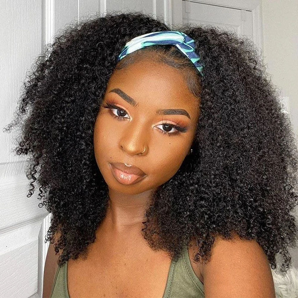 Curly Headband Wig Human Hair Glueless Natural Black Wig With Headband