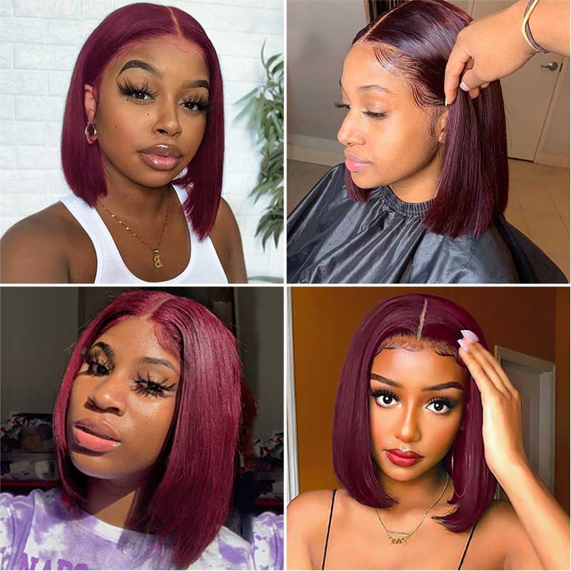 Grade Human Hair Burgundy 99J Color Short Bob 4X4 Closure Wig