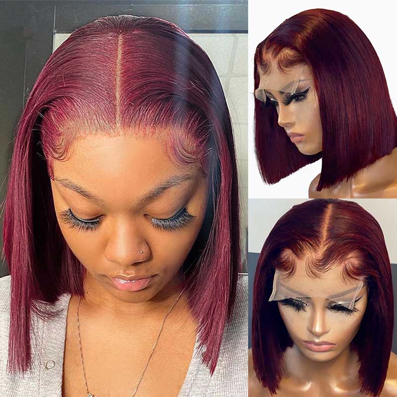 Grade Human Hair Burgundy 99J Color Short Bob 4X4 Closure Wig