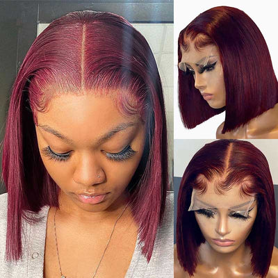 Grade Human Hair Burgundy 99J Color Short Bob 4X4 Closure Wig
