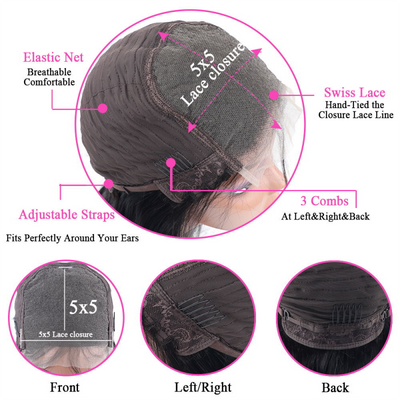 Glueless 5x5 HD Lace Closure Wigs Straight Hair 220% Density