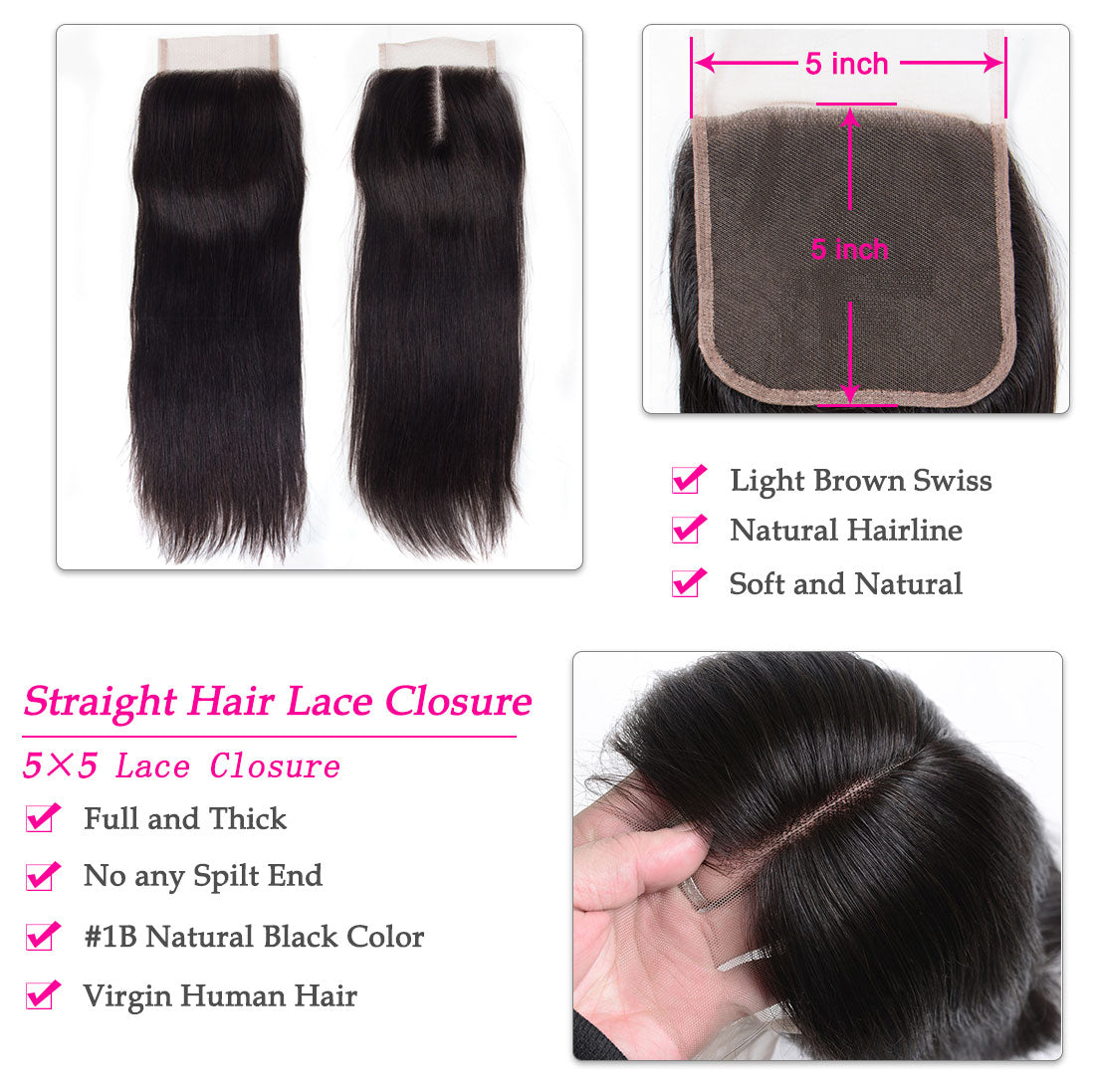 12A 3 Bundles With 5×5 Lace Closure Straight Human Hair