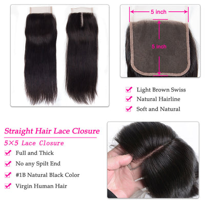 12A 3 Bundles With 5×5 Lace Closure Straight Human Hair