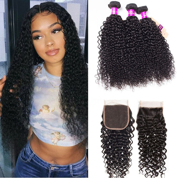 Brazilian Curly Hair With 4*4 Lace Closure 3 Bundles Virgin