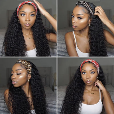 Deep Wave Headband Hair Wig Glueless Human Hair Wigs Full Machine