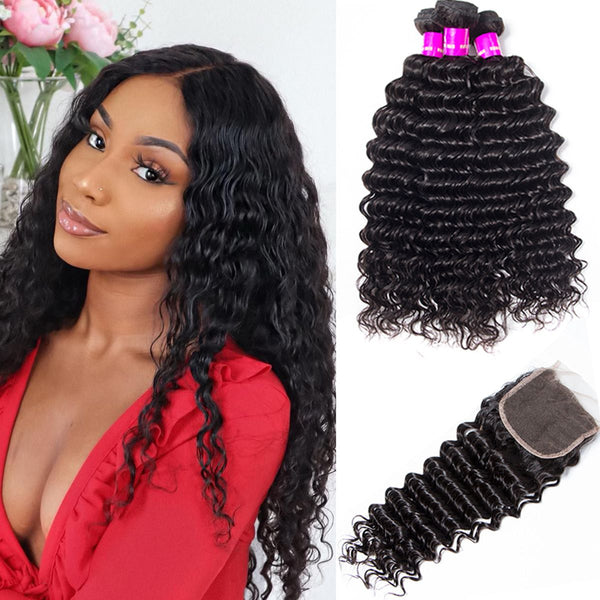 5×5 Lace Closure With Bundles Brazilian Deep Wave Virgin Human Hair Deals