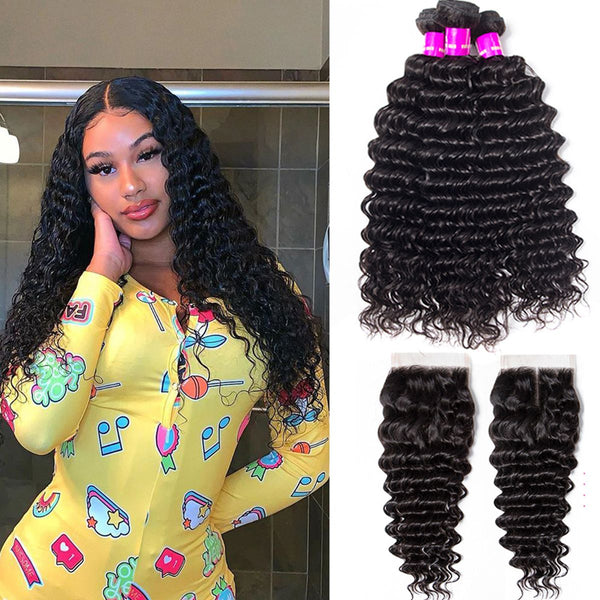 12A Deep Wave 3 Bundles With 4*4 Closure Brazilian