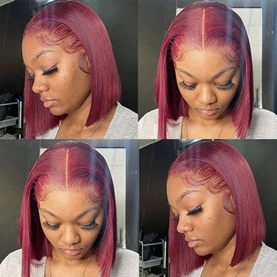 Blunt Cut Neck Length 13x5×1 T Part Straight Bob Wig With Dark Red Burgundy Color
