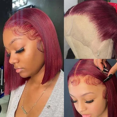 Blunt Cut Neck Length 13x5×1 T Part Straight Bob Wig With Dark Red Burgundy Color