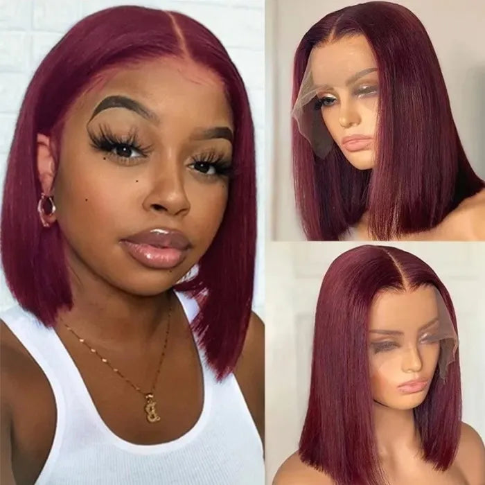 Blunt Cut Neck Length 13x5×1 T Part Straight Bob Wig With Dark Red Burgundy Color