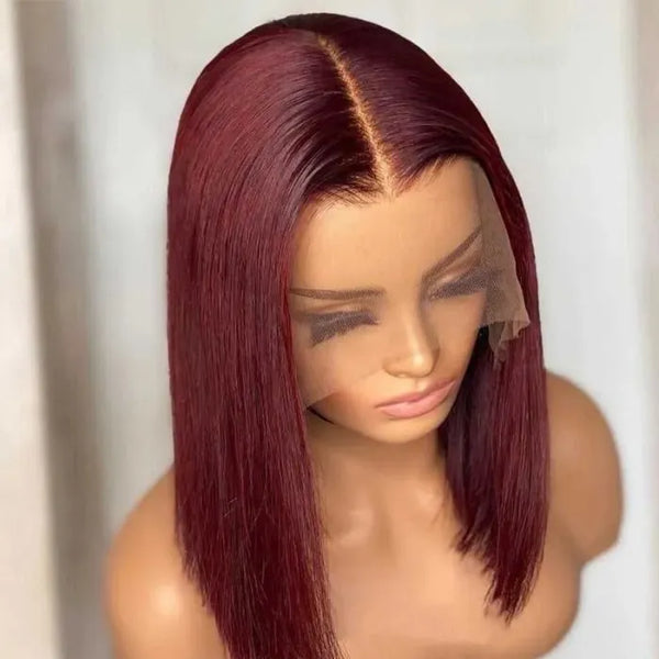 Blunt Cut Neck Length 13x5×1 T Part Straight Bob Wig With Dark Red Burgundy Color