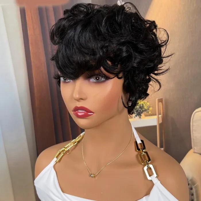 Side Swept Bangs And Cute Curls Glueless Short Wig