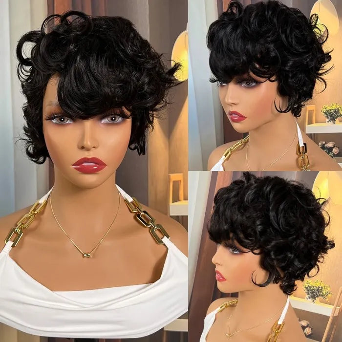 Side Swept Bangs And Cute Curls Glueless Short Wig