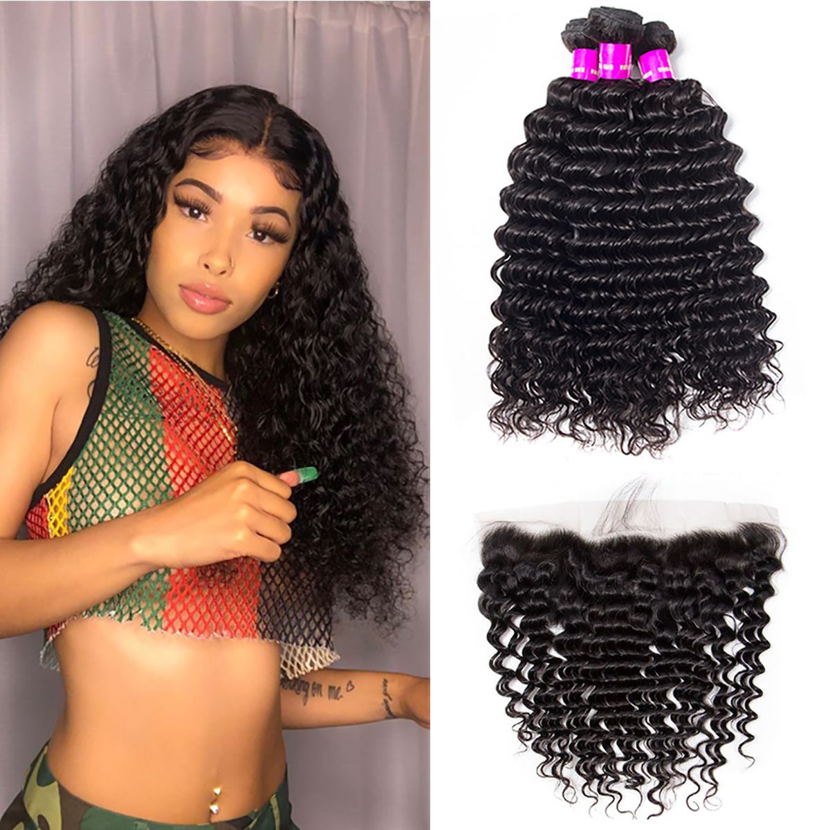 Deep Wave Hair 3 Bundles with 13×4 HD Lace Frontal for Full Head