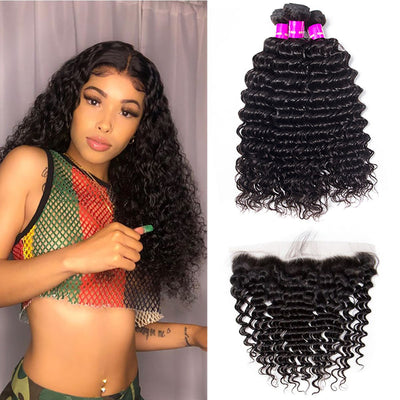 Deep Wave Hair 3 Bundles with 13×4 HD Lace Frontal for Full Head