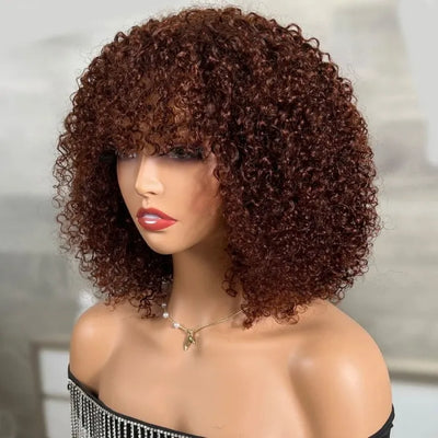Glueless Ready To Wear Dark Auburn Short Curly Afro Wig With Bangs