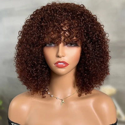 Glueless Ready To Wear Dark Auburn Short Curly Afro Wig With Bangs