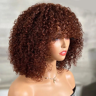 Glueless Ready To Wear Dark Auburn Short Curly Afro Wig With Bangs