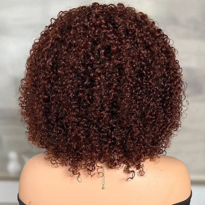 Glueless Ready To Wear Dark Auburn Short Curly Afro Wig With Bangs