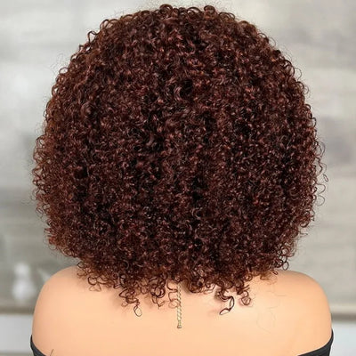 Glueless Ready To Wear Dark Auburn Short Curly Afro Wig With Bangs