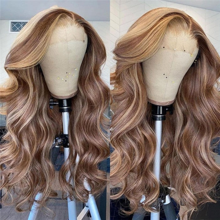 Honey Blonde Highlight 13*4 Body Lace Front Wigs Human Hair