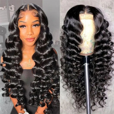 Loose Deep Wave Natural Black 13x6 Lace Front Pre Plucked Wig With Baby Hair
