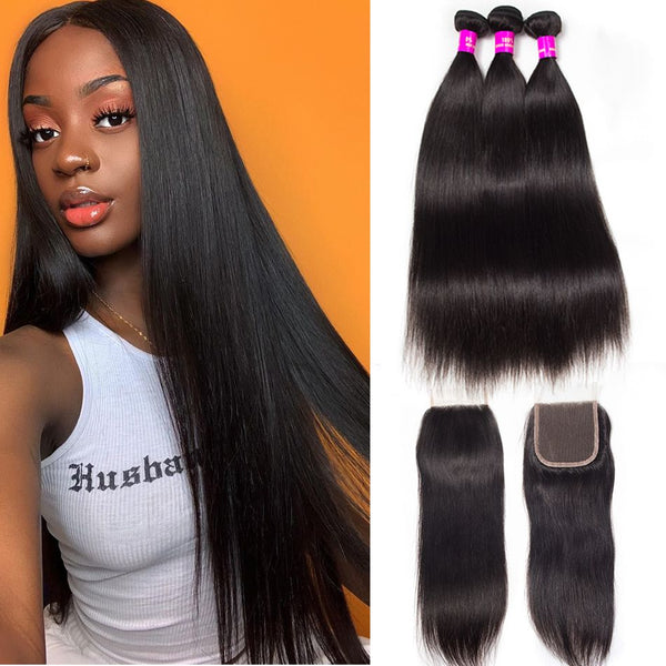 Straight Human Hair Wig 3 Bundles With 4*4 Lace Closure