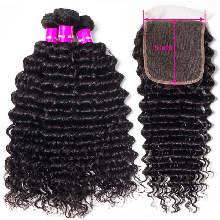 5×5 Lace Closure With Bundles Brazilian Deep Wave Virgin Human Hair Deals