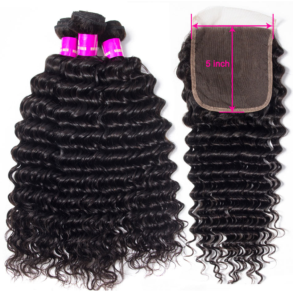 5×5 Lace Closure With Bundles Brazilian Deep Wave Virgin Human Hair Deals