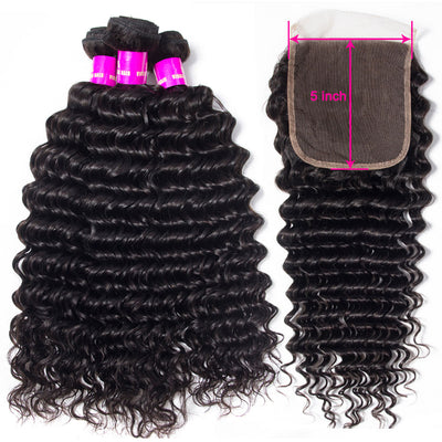 5×5 Lace Closure With Bundles Brazilian Deep Wave Virgin Human Hair Deals