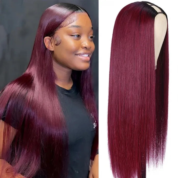 1B 99J Burgundy Ombre Human Hair Straight New U Part Wig