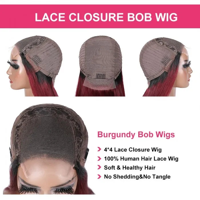 Short Straight Ombre 99J Bob Wig 4x4 Lace Closure Wig 2 Tones 1b/99J Color
