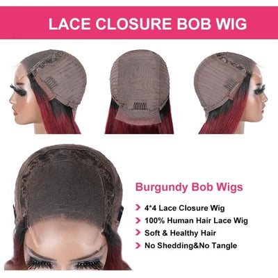 Short Straight Ombre 99J Bob Wig 4x4 Lace Closure Wig 2 Tones 1b/99J Color