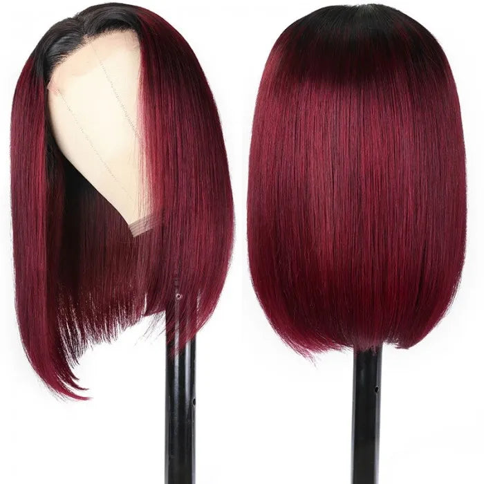 Short Straight Ombre 99J Bob Wig 4x4 Lace Closure Wig 2 Tones 1b/99J Color