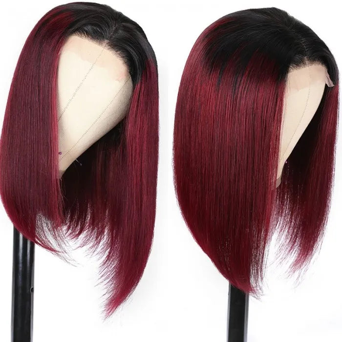 Short Straight Ombre 99J Bob Wig 4x4 Lace Closure Wig 2 Tones 1b/99J Color